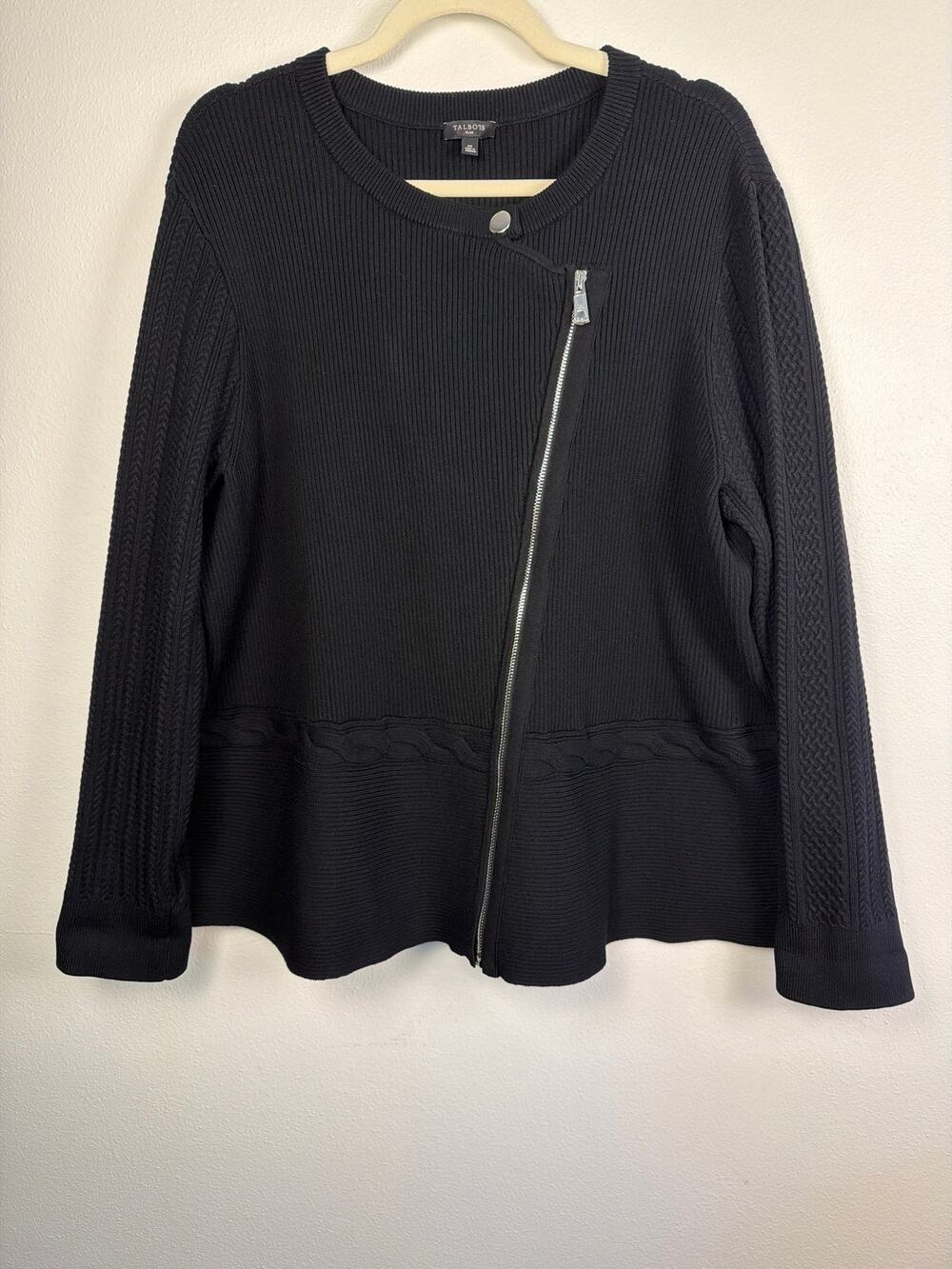 Talbots Asymmetric Black Zip Mixed Cable Knit Moto Cardigan Jacket | Size 2X